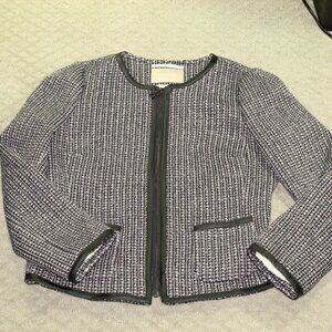 Banana Republic Sz 8 Black White Silver Tweed Faux Leather Trimmed Lined Blazer